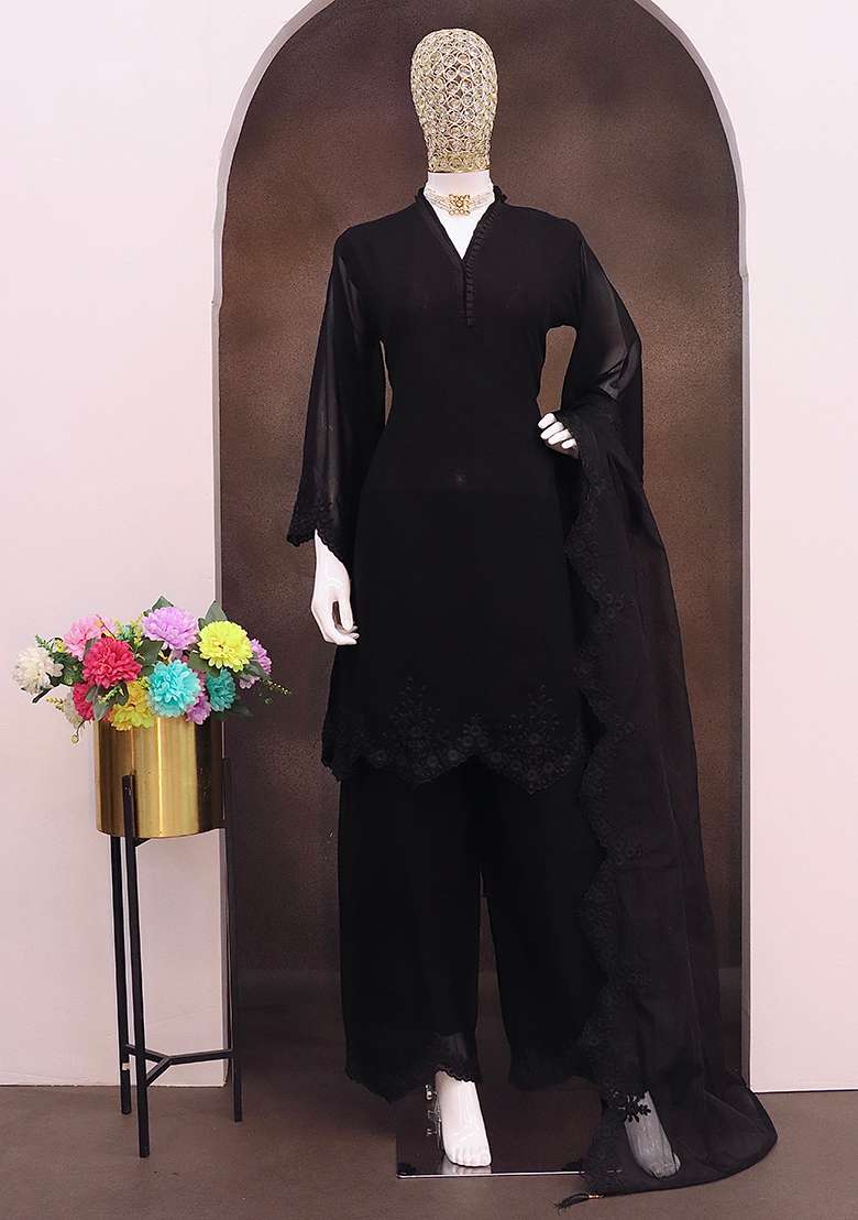 Black Embroidered Georgette Pakistani Salwar Kameez With Dupatta - Indya