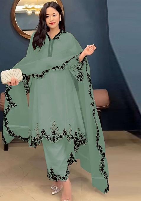 Light Green Embroidered Georgette Pakistani Salwar Kameez With Dupatta