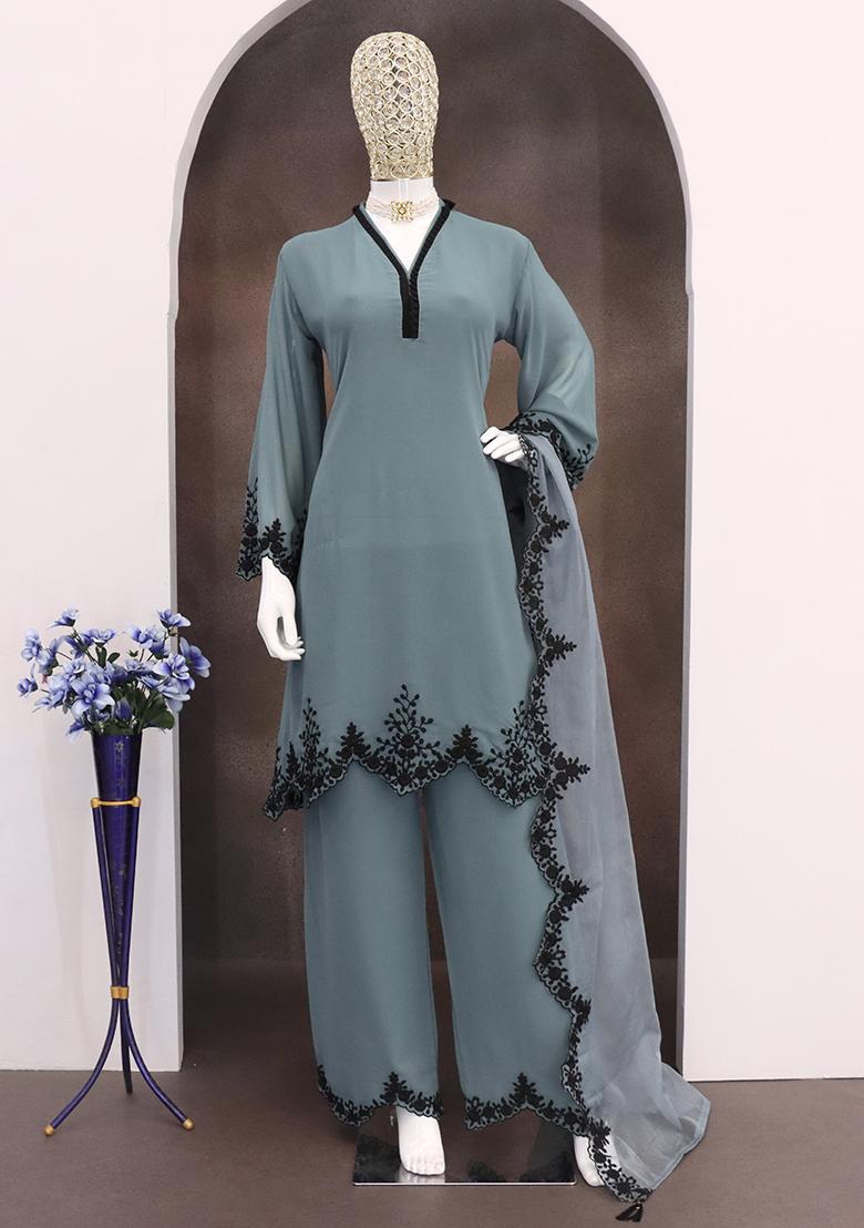 Grey Embroidered Georgette Pakistani Salwar Kameez With Dupatta