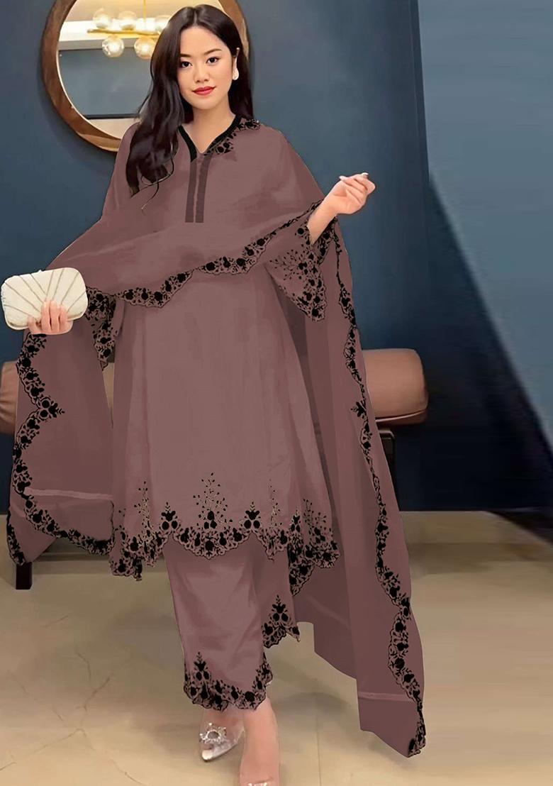 Brown Embroidered Georgette Pakistani Salwar Kameez With Dupatta