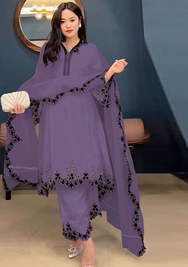 Purple Embroidered Georgette Pakistani Salwar Kameez With Dupatta - Indya