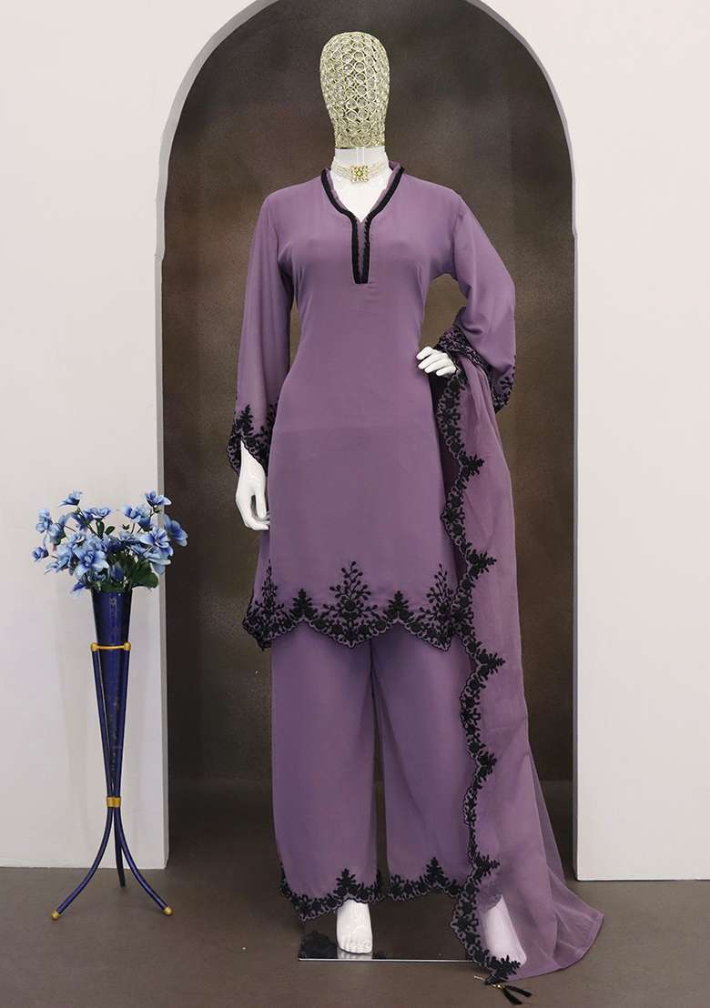Purple Embroidered Georgette Pakistani Salwar Kameez With Dupatta - Indya