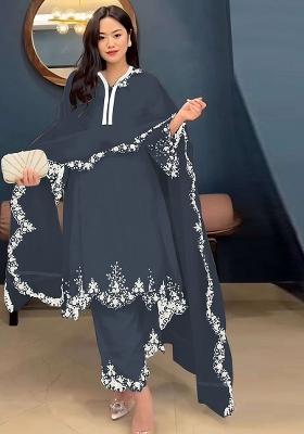 Dark Grey Embroidered Georgette Pakistani Salwar Kameez With Dupatta