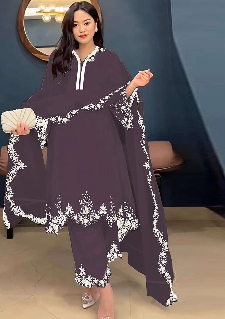 Wine Embroidered Georgette Pakistani Salwar Kameez With Dupatta