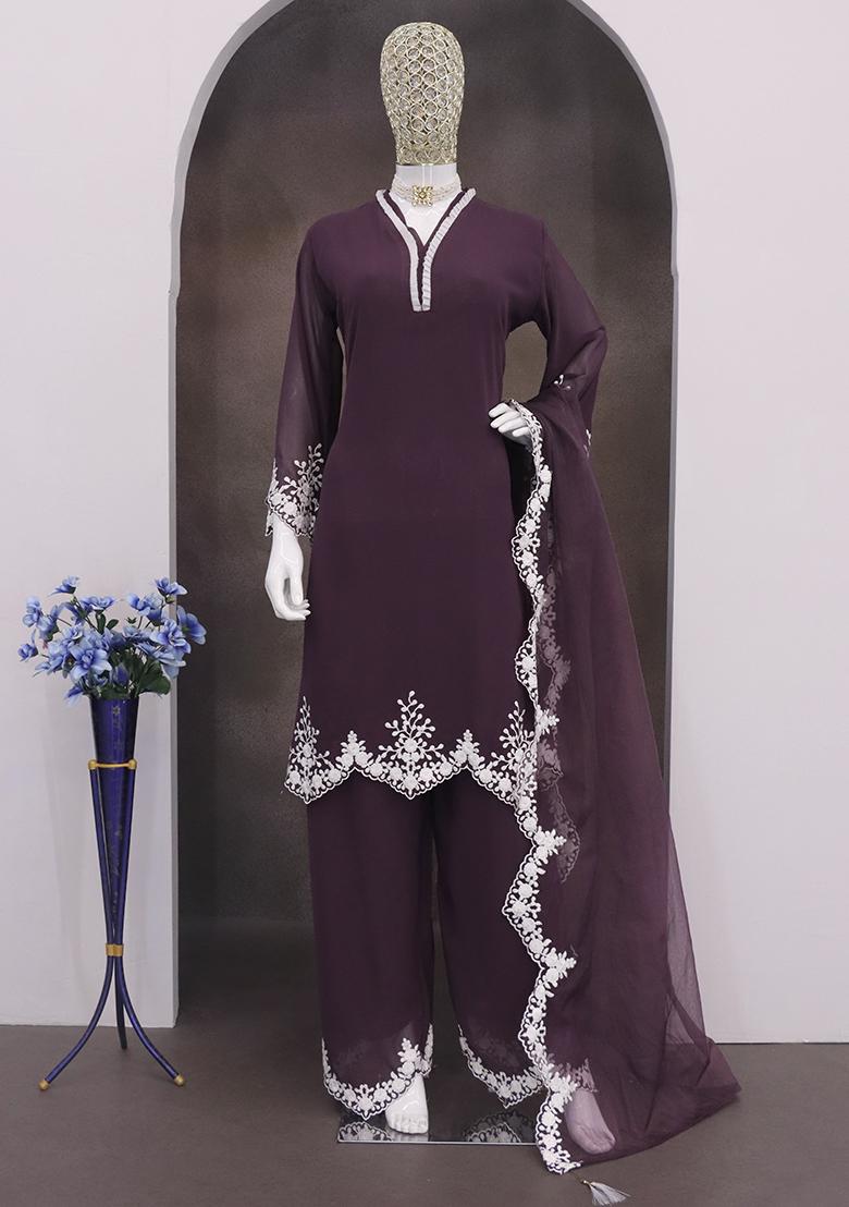 Wine Embroidered Georgette Pakistani Salwar Kameez With Dupatta