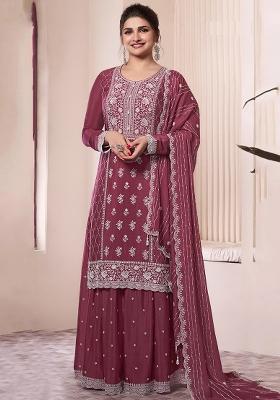 Mauve Embroidered Chinnon Silk Palazzo Set With Dupatta