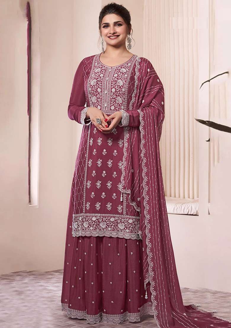 Mauve Embroidered Chinon Sharara Set - Indya
