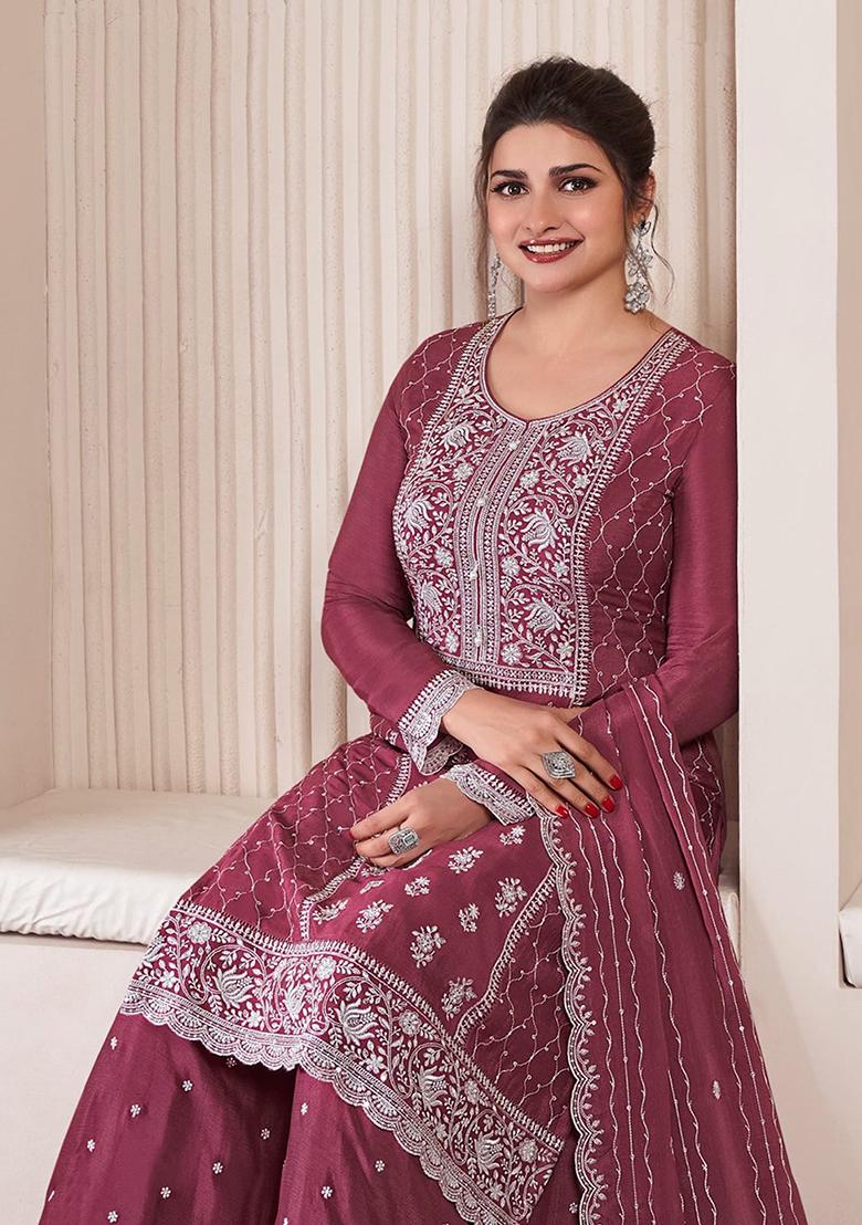 Mauve Embroidered Chinnon Silk Palazzo Set With Dupatta