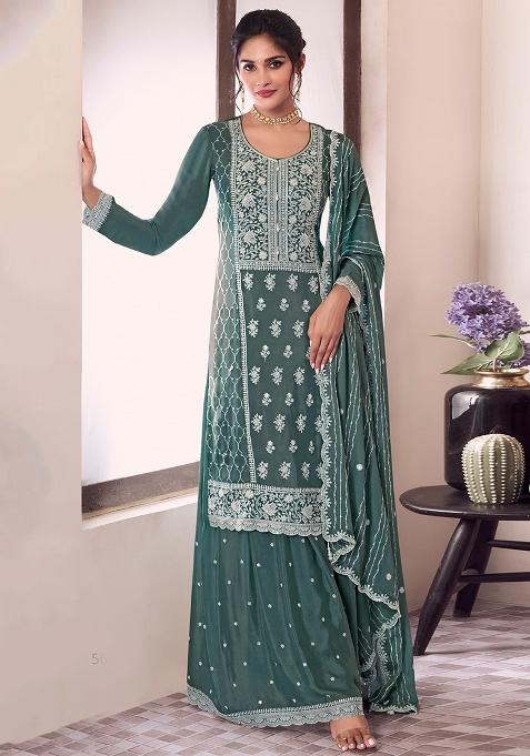 Green Embroidered Chinnon Silk Palazzo Set With Dupatta