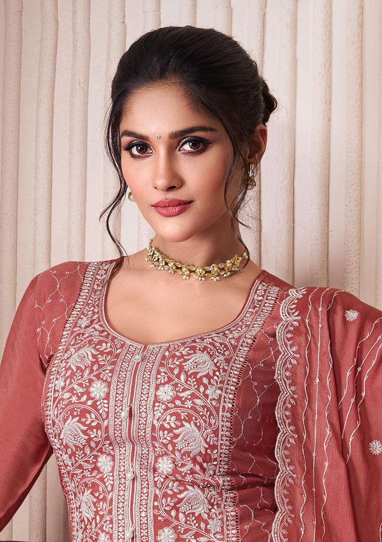 Orange Embroidered Chinnon Silk Palazzo Set With Dupatta