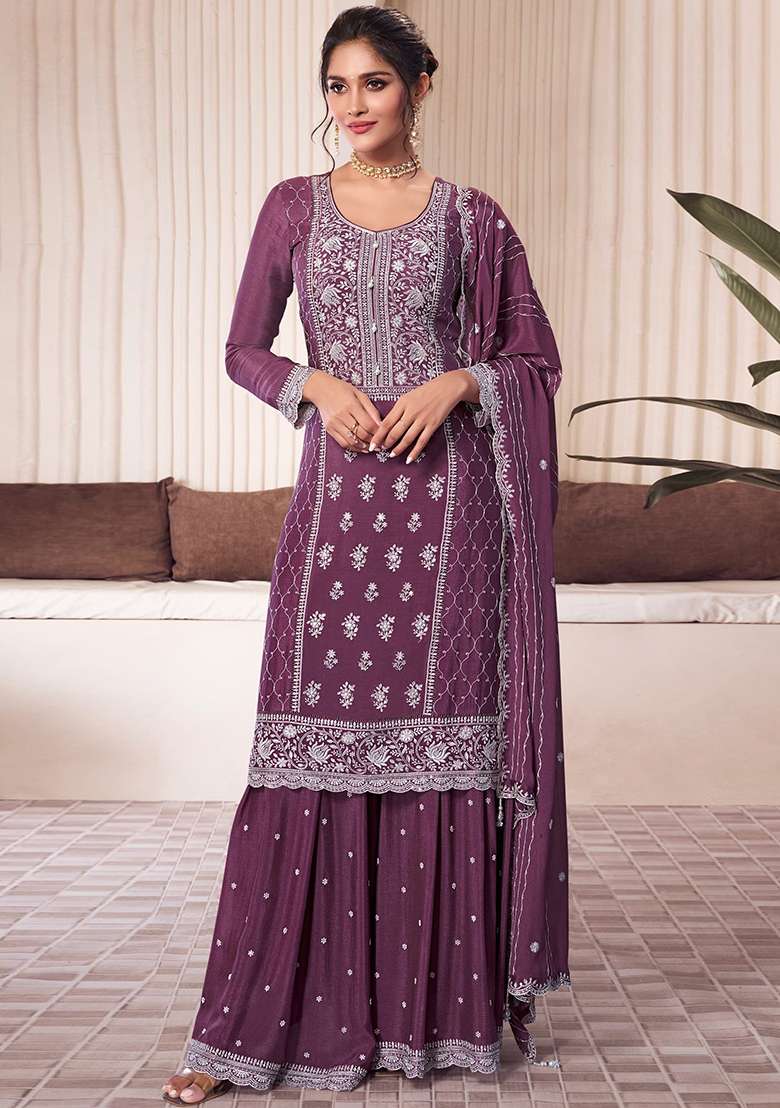 Purple Embroidered Chinnon Silk Palazzo Set With Dupatta - Indya