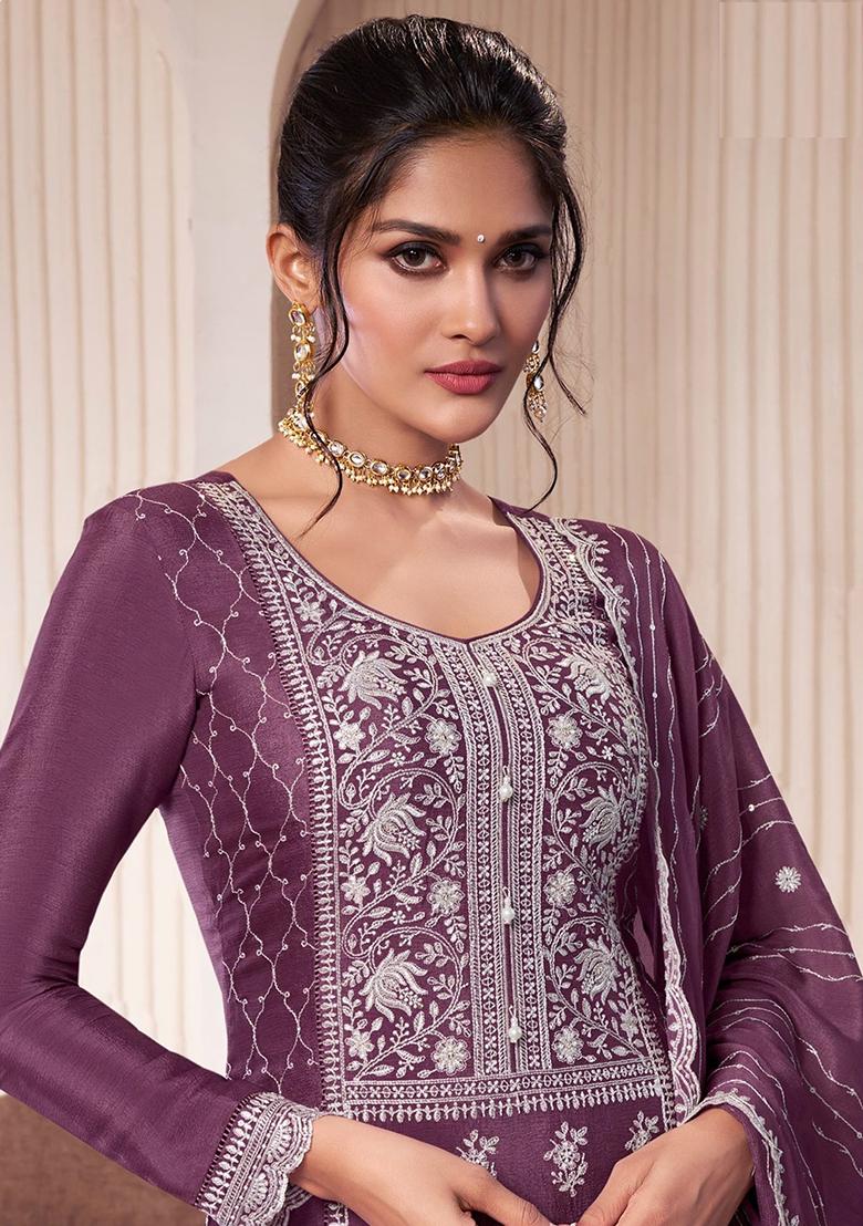 Purple Embroidered Chinnon Silk Palazzo Set With Dupatta