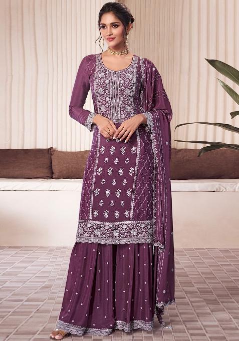 Purple Embroidered Chinnon Silk Palazzo Set With Dupatta