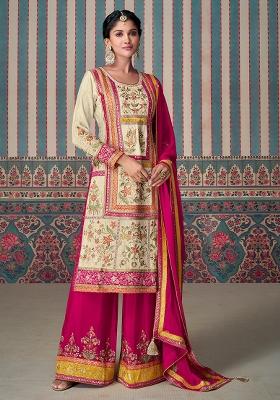 Beige Embroidered Chinnon Silk Palazzo Set With Dupatta