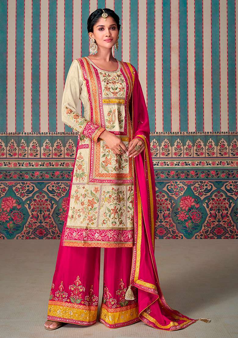 Beige Embroidered Chinon Sharara Set - Indya