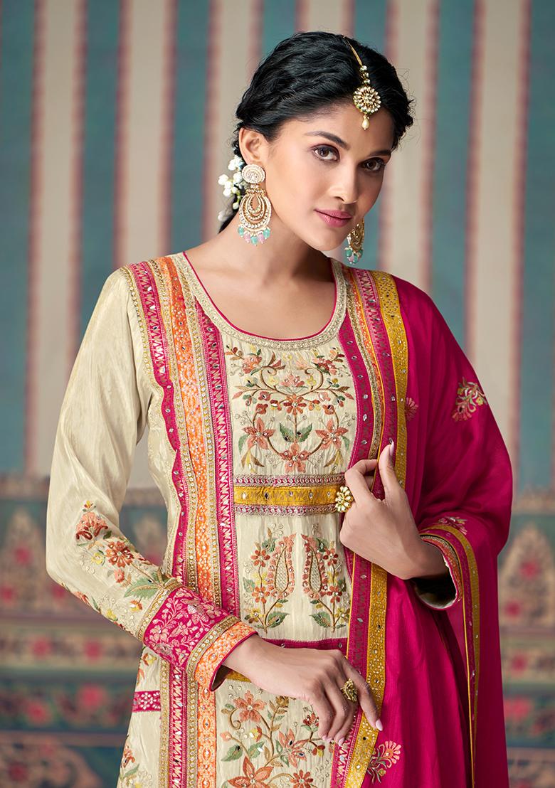 Beige Embroidered Chinnon Silk Palazzo Set With Dupatta