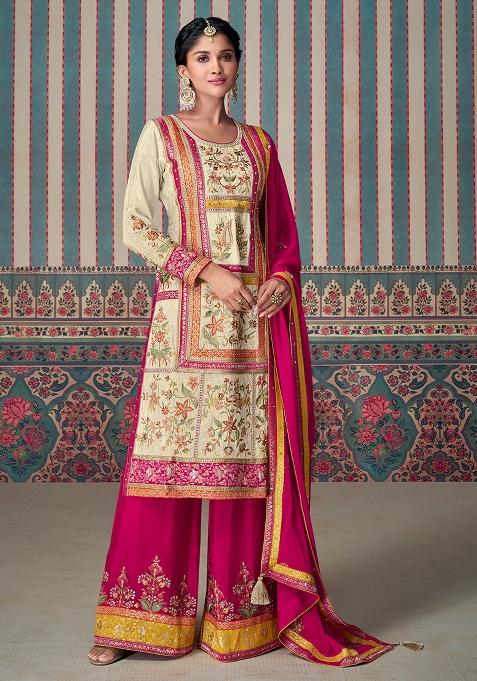 Beige Embroidered Chinnon Silk Palazzo Set With Dupatta