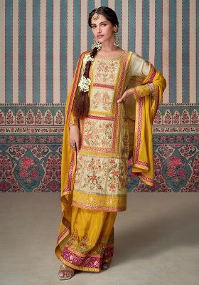 Beige Embroidered Chinnon Silk Palazzo Set With Dupatta