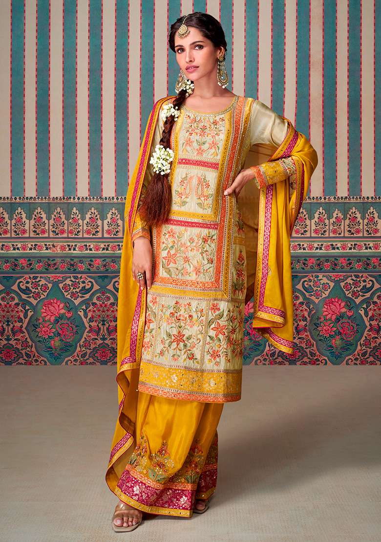 Beige Embroidered Silk Blend Punjabi Suit - Indya