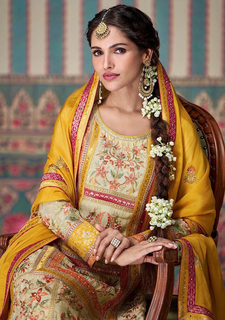 Beige Embroidered Chinnon Silk Palazzo Set With Dupatta