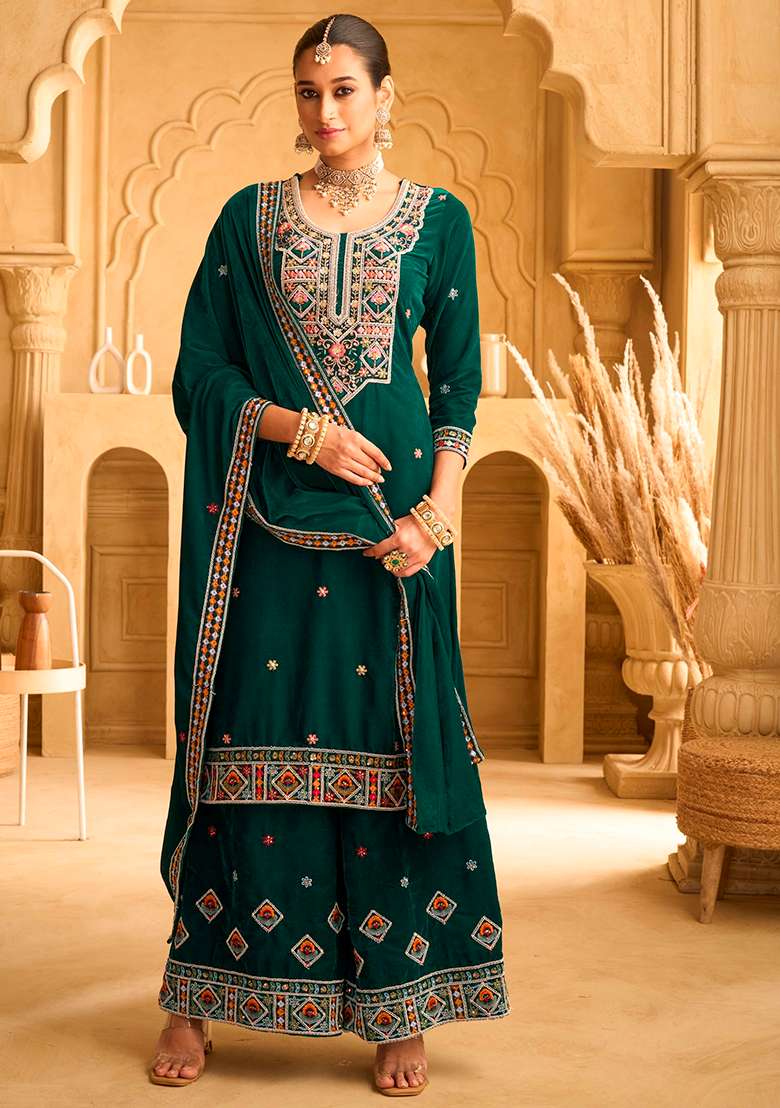 Green Embroidered Velvet Sharara Set - Indya