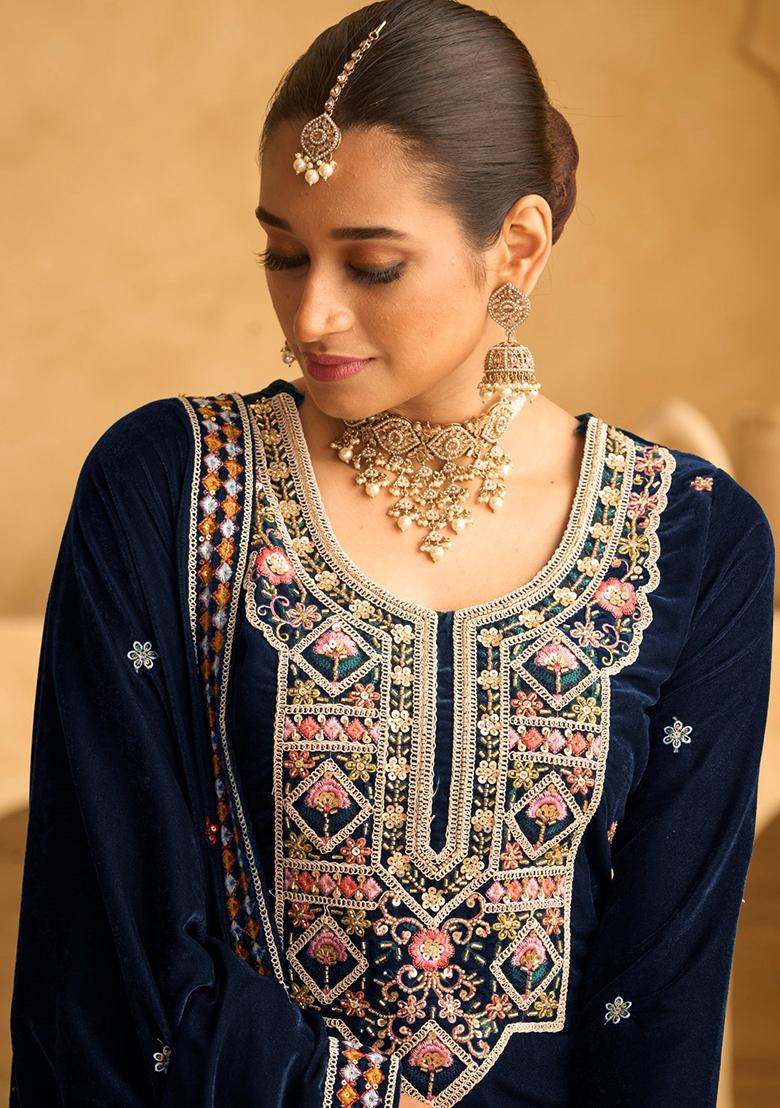 Blue Embroidered Velvet Pakistani Salwar Kameez With Dupatta