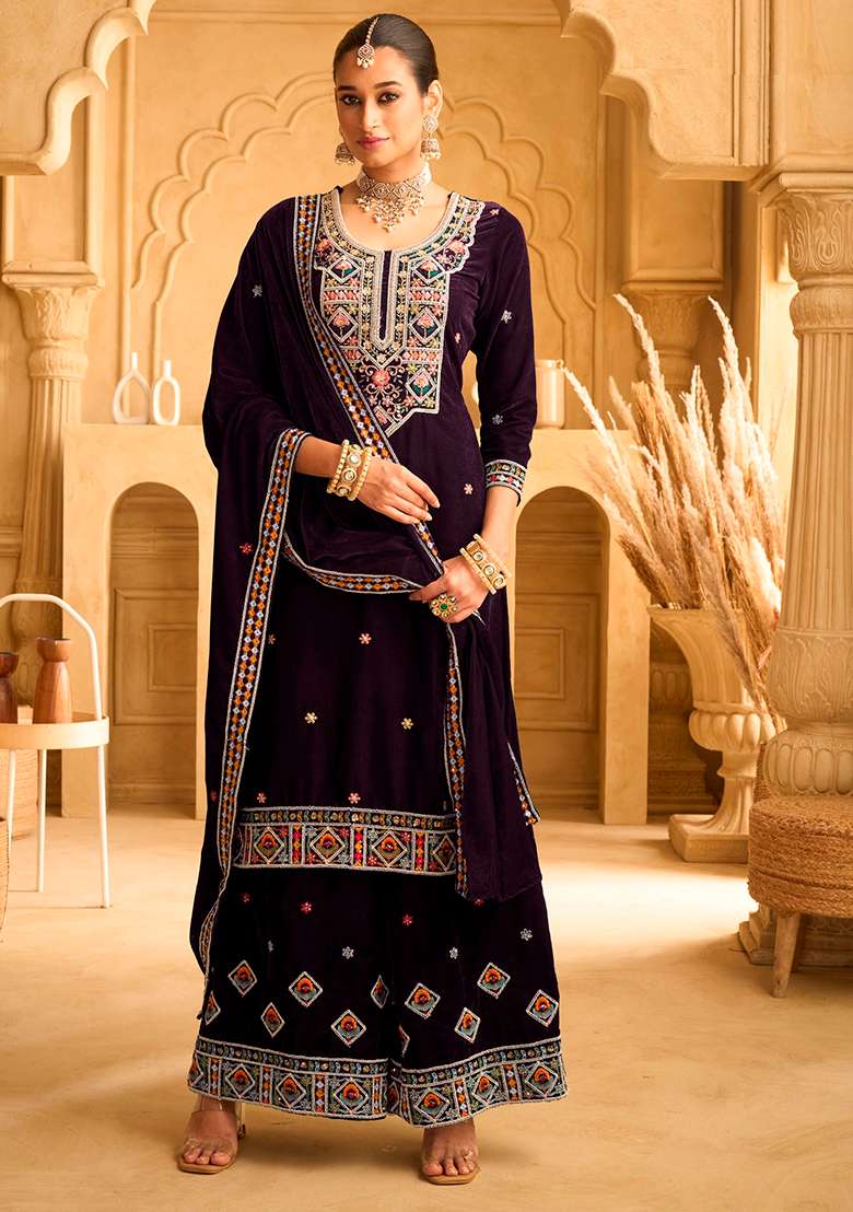 Purple Embroidered Velvet Sharara Set - Indya