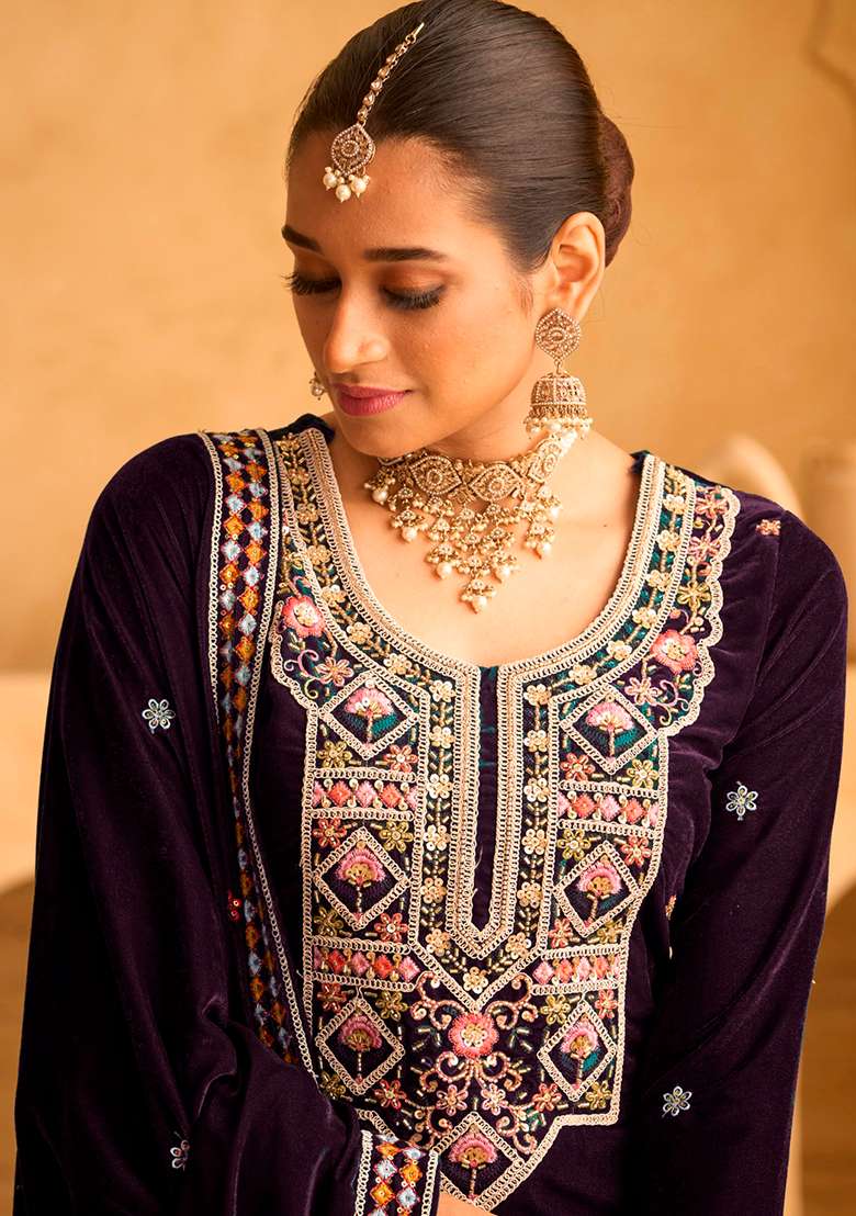 Purple Embroidered Velvet Sharara Set - Indya