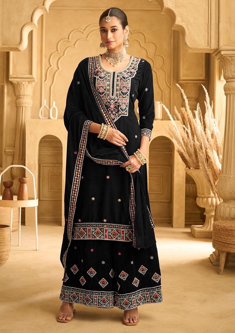 Black Embroidered Velvet Pakistani Salwar Kameez With Dupatta
