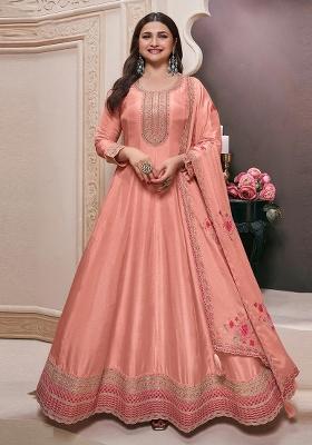 Orange Embroidered Georgette Anarkali Set With Dupatta