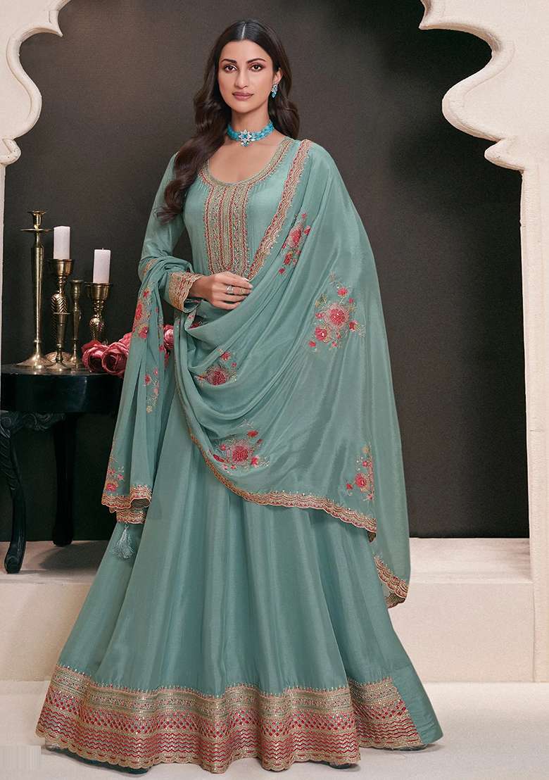 Sky Blue Embroidered Georgette Anarkali With Dupatta With Dupatta - Indya