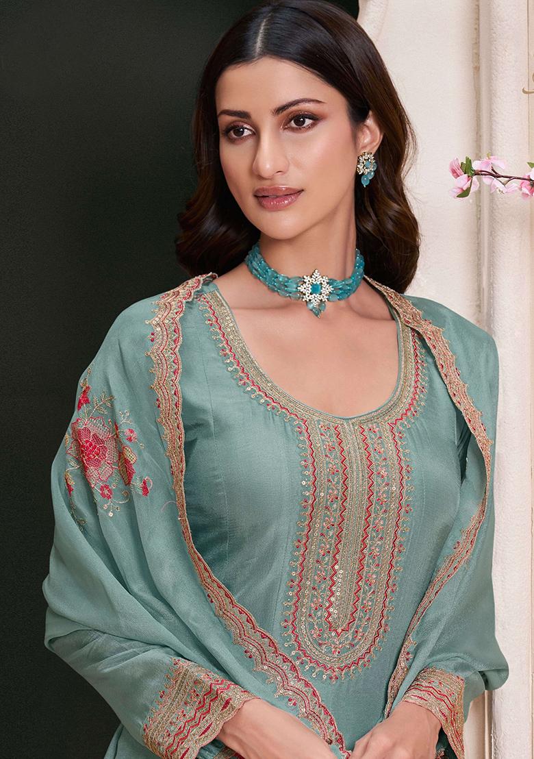 Sky Blue Embroidered Georgette Anarkali Set With Dupatta