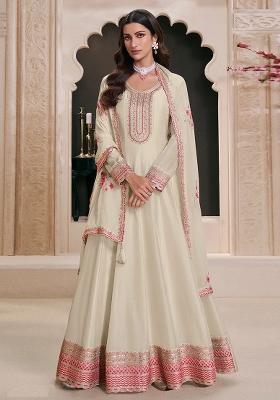 White Embroidered Georgette Anarkali Set With Dupatta