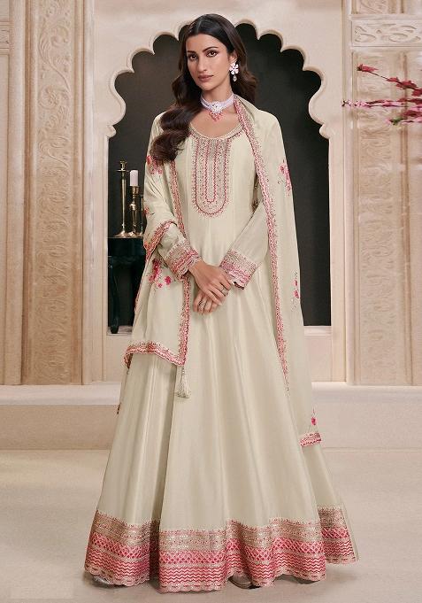 White Embroidered Georgette Anarkali Set With Dupatta