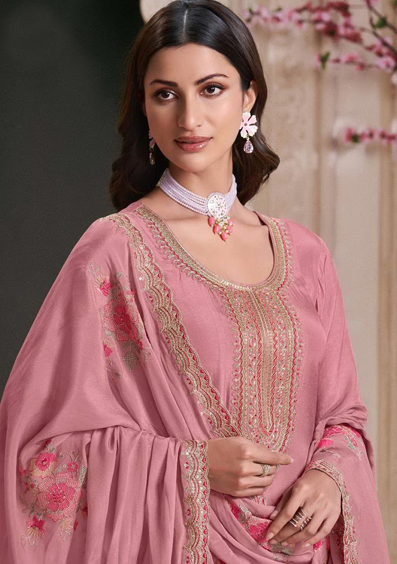 Pink Embroidered Georgette Anarkali Set With Dupatta