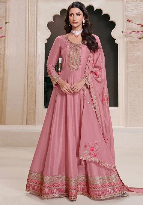 Pink Embroidered Georgette Anarkali Set With Dupatta
