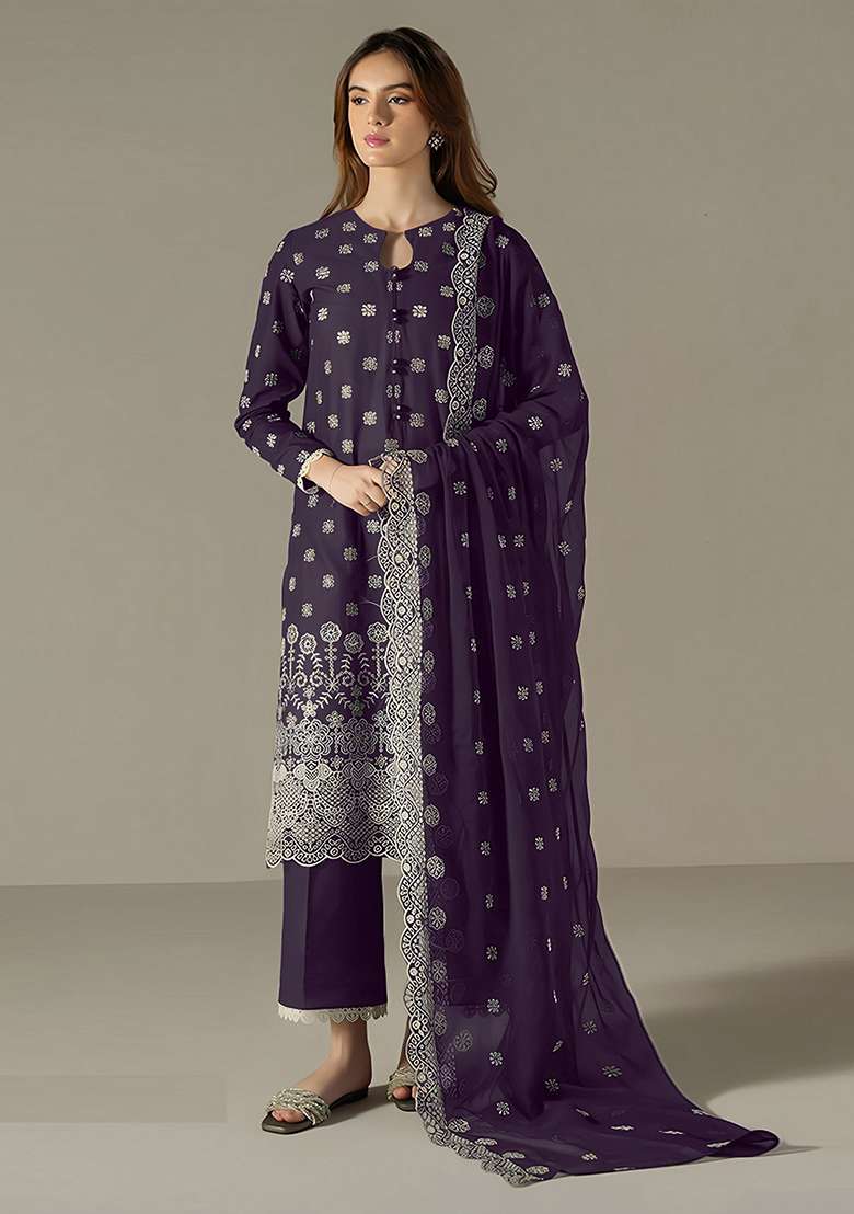 Dark Purple Embroidered Georgette Pakistani Salwar Kameez With Dupatta - Indya