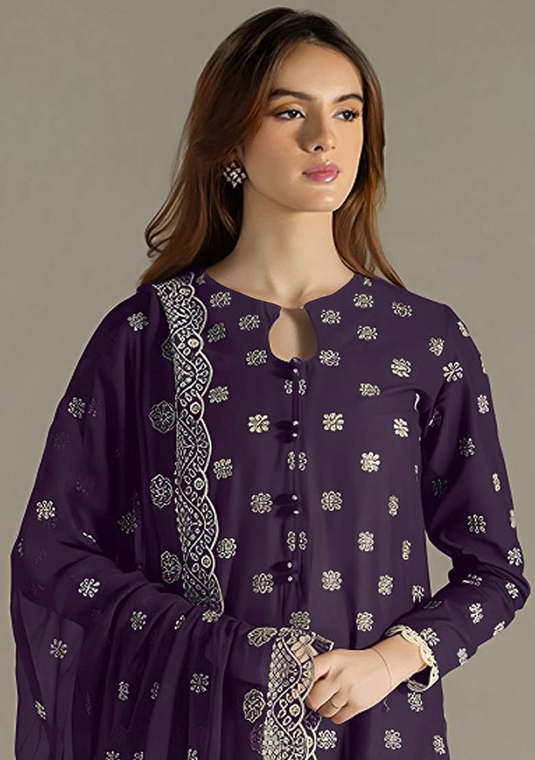 Dark Purple Embroidered Georgette Pakistani Salwar Kameez With Dupatta - Indya