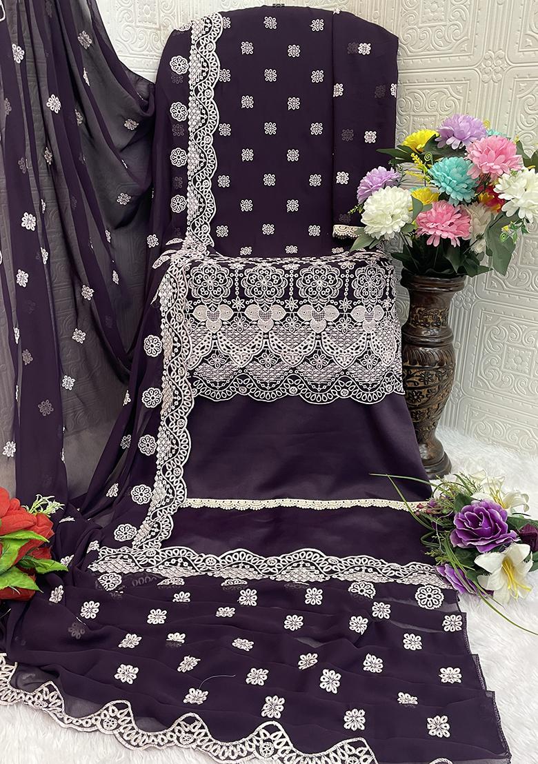 Dark Purple Embroidered Georgette Pakistani Salwar Kameez With Dupatta