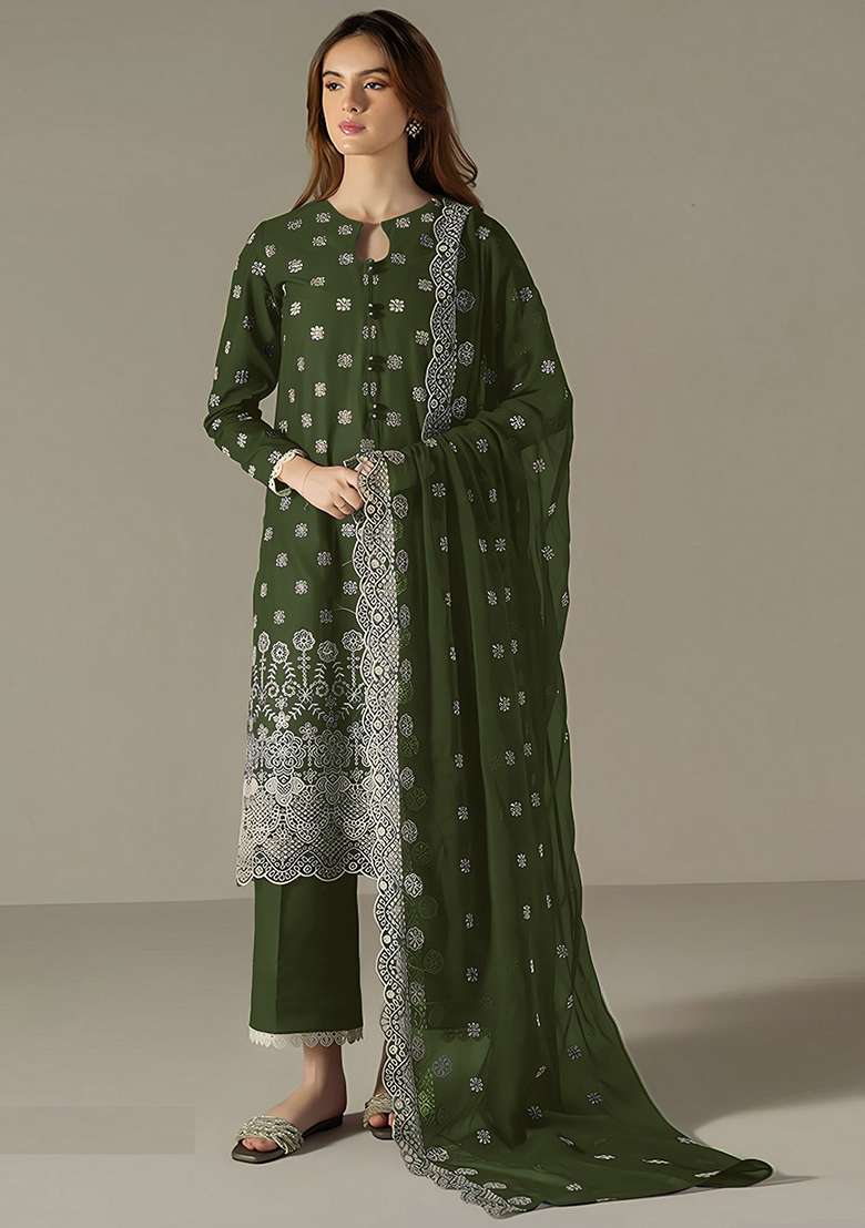 Dark Green Embroidered Georgette Pakistani Salwar Kameez With Dupatta - Indya