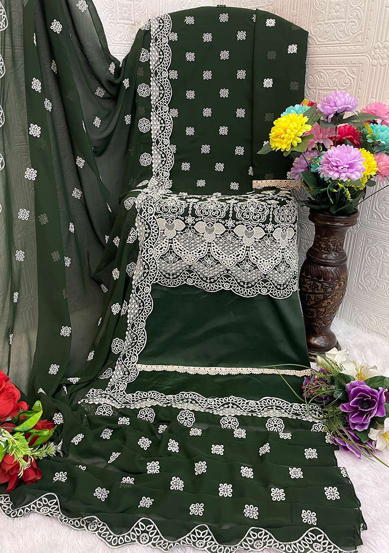 Dark Green Embroidered Georgette Pakistani Salwar Kameez With Dupatta - Indya