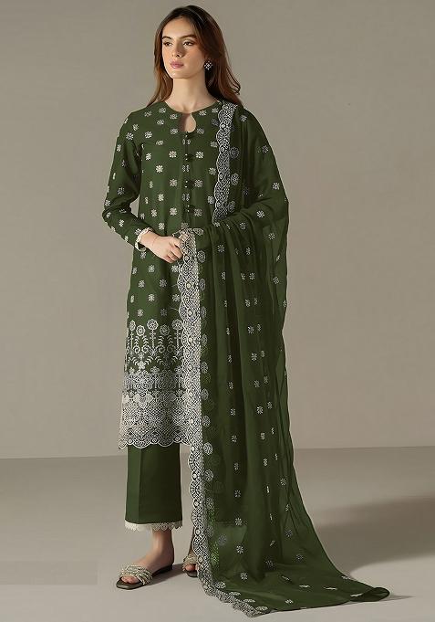 Dark Green Embroidered Georgette Pakistani Salwar Kameez With Dupatta