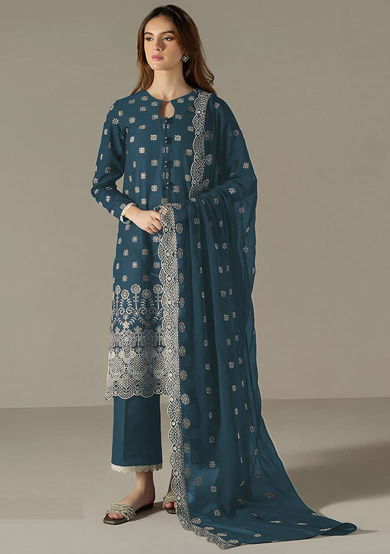 Blue Embroidered Georgette Pakistani Salwar Kameez With Dupatta - Indya
