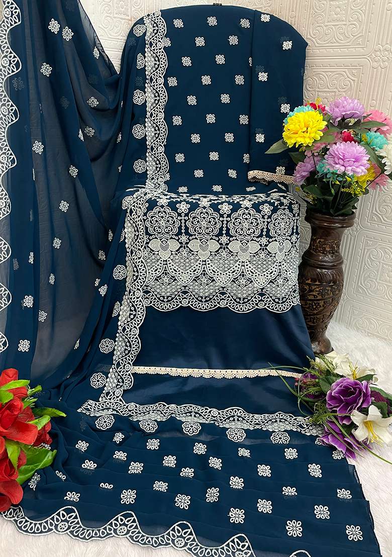Blue Embroidered Georgette Pakistani Salwar Kameez With Dupatta - Indya