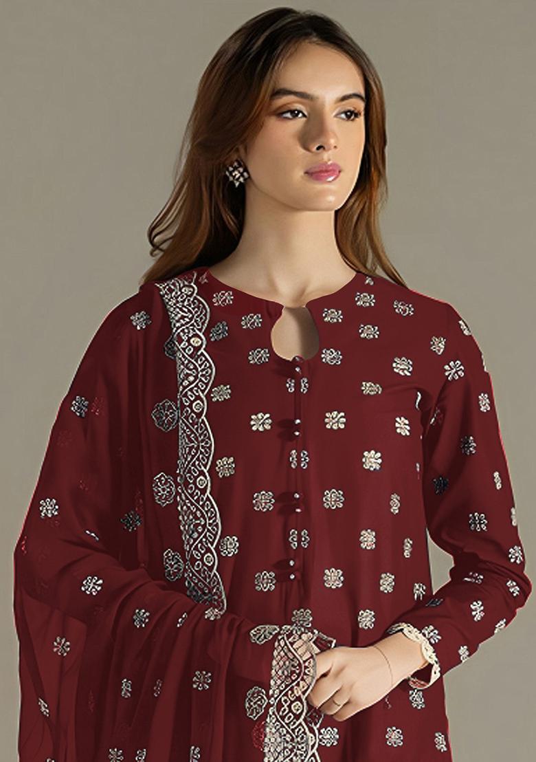 Red Embroidered Georgette Pakistani Salwar Kameez With Dupatta