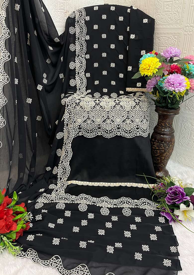 Black Embroidered Georgette Pakistani Salwar Kameez With Dupatta - Indya