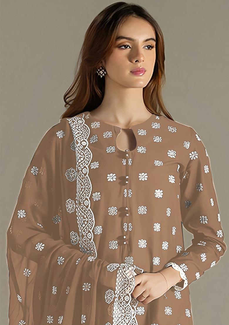 Brown Embroidered Georgette Pakistani Salwar Kameez With Dupatta