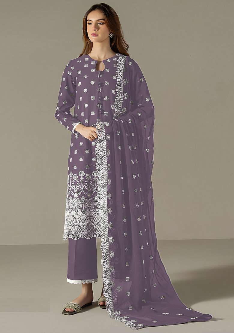 Purple Embroidered Georgette Pakistani Suit Set - Indya