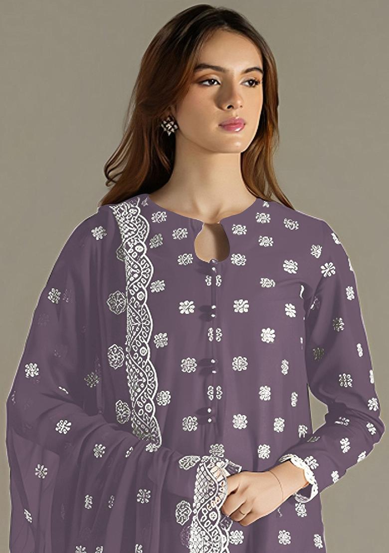 Purple Embroidered Georgette Pakistani Salwar Kameez With Dupatta