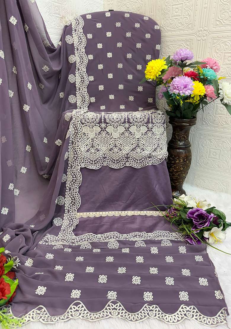 Purple Embroidered Georgette Pakistani Suit Set - Indya